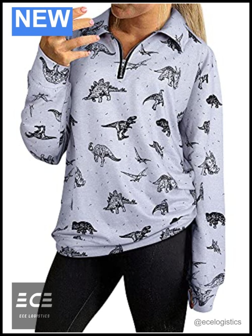 Dinosaur Print Quarter Zip Pullover Women Cute Dino Graphic Top